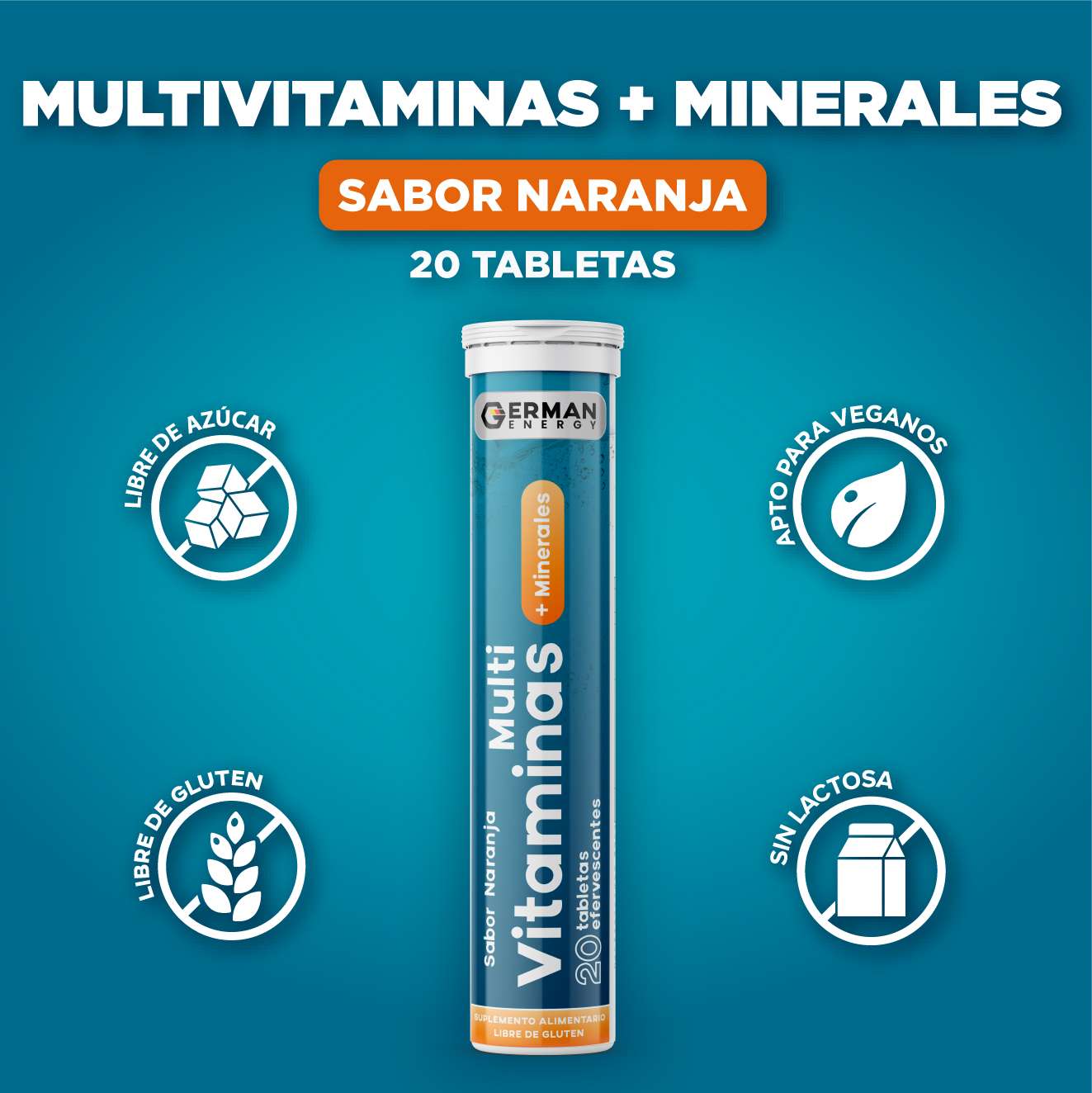 Multivitaminas + Minerales Sabor Naranja German Energy - 20 tabletas efervescentes