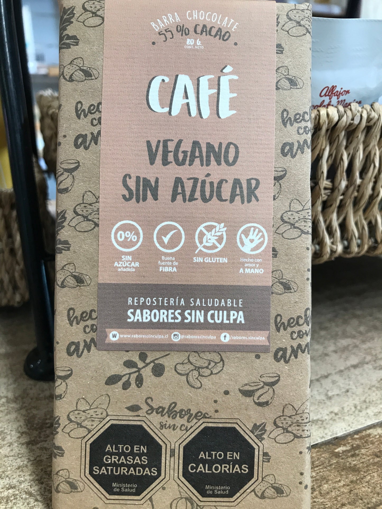 Barra de Chocolate Café 55 % Cacao Sin Azúcar Sabores sin Culpa - 80 gr