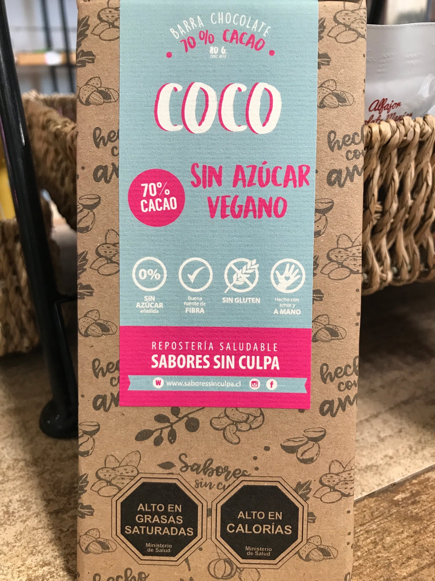 Barra de Chocolate Coco 70%  Cacao Sin Azúcar Sabores sin Culpa - 80 gr