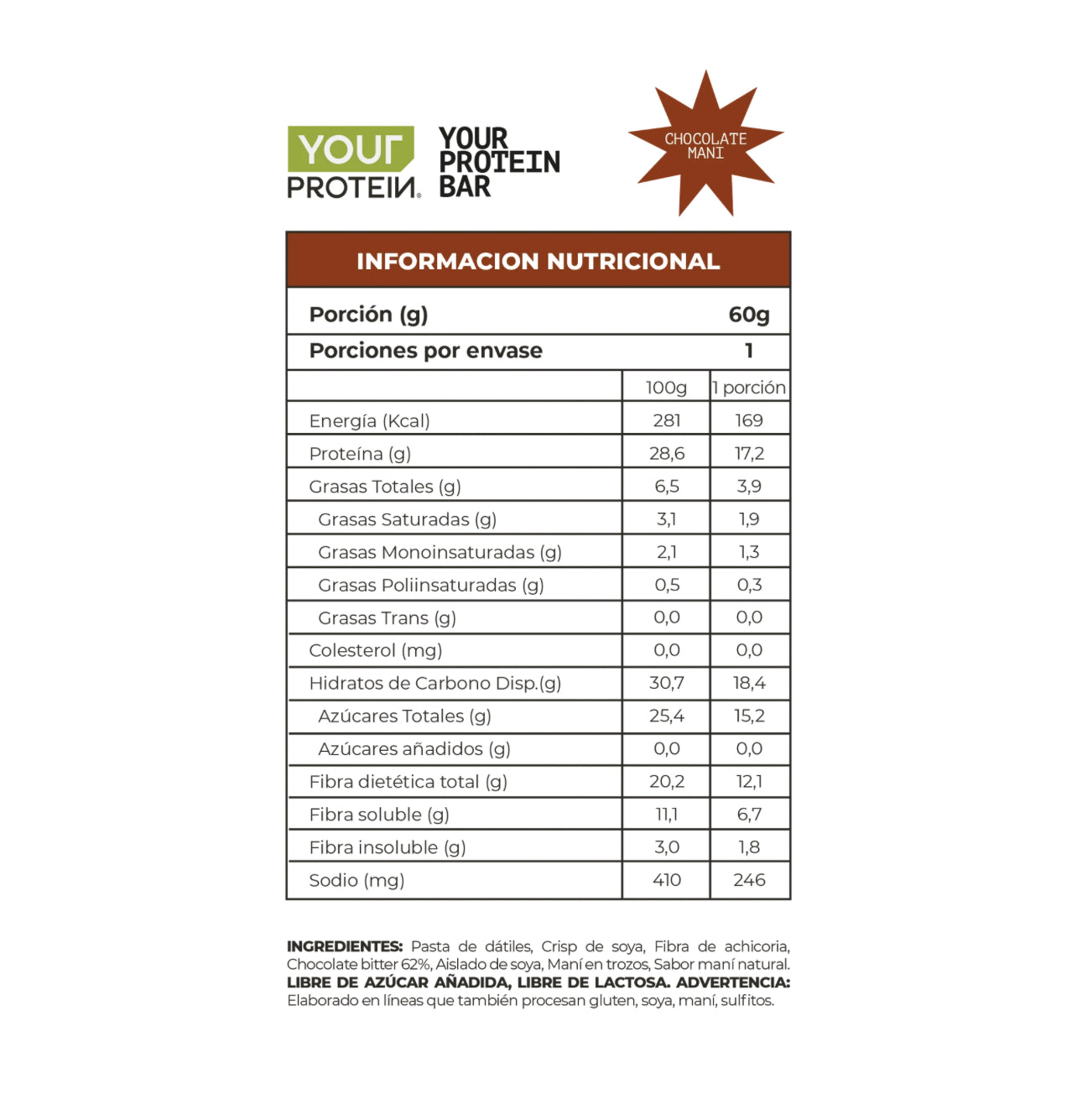 Barra Proteína Vegan Chocolate Maní Your Protein - 60 gr