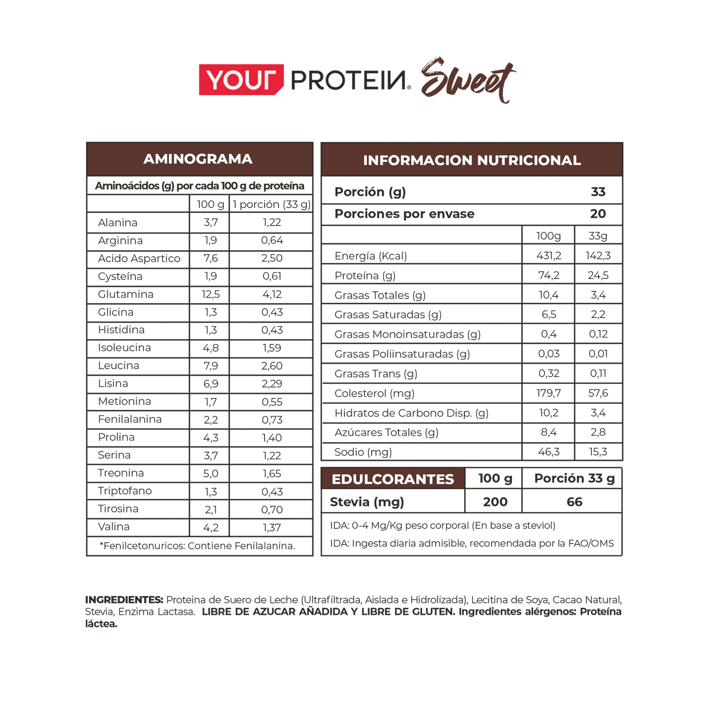 Proteína Whey Sweet Cacao Orgánic Your Protein - 660 gr